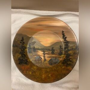 Vtg Rustic Alaska Landscape Acrylic Metalic Decorative Plate Hanpainted Signed